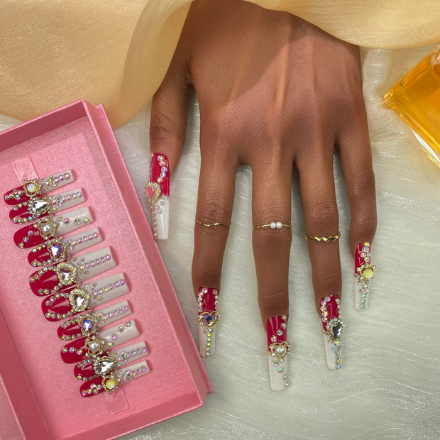 Handmade Press On Nails – Glitter Gold Diamond Extra Long Stiletto UV Gel 3D Nails