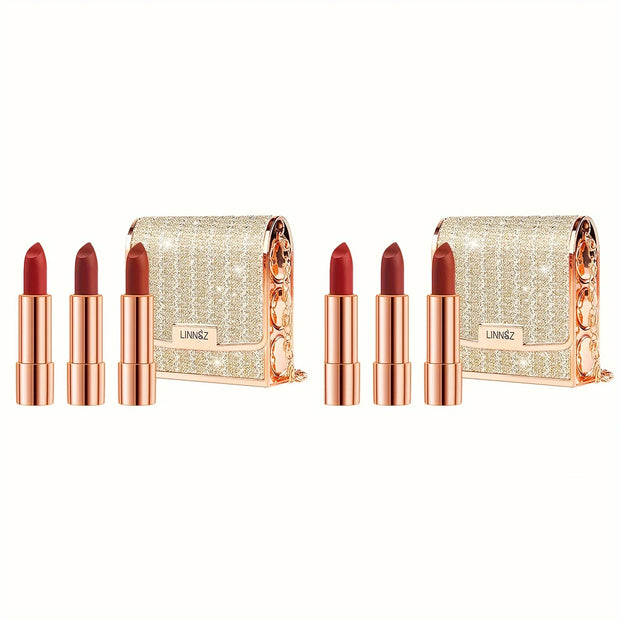 3 Colors Matte Lipstick Set Lip Stick with Sliver Chain Bag Package Non-Stick Cup Long Retractable Red Lipstick Set 3.5gx3