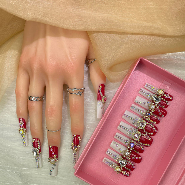 Handmade Press On Nails – Glitter Gold Diamond Extra Long Stiletto UV Gel 3D Nails